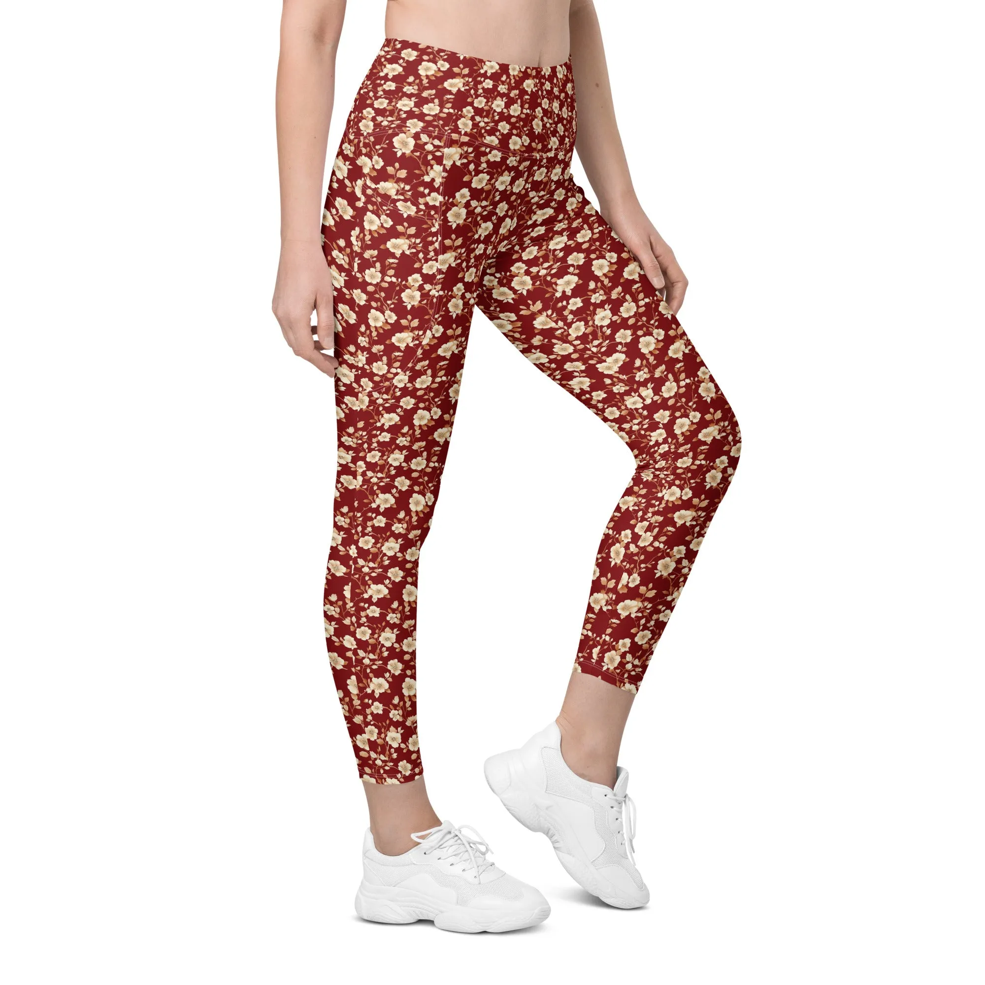 Red Floral Women Leggings Side Pockets, Flowers Printed High Waisted Yoga Pants Graphic Workout Running Gym Designer Plus Size Tightsr Plus Size Tights
