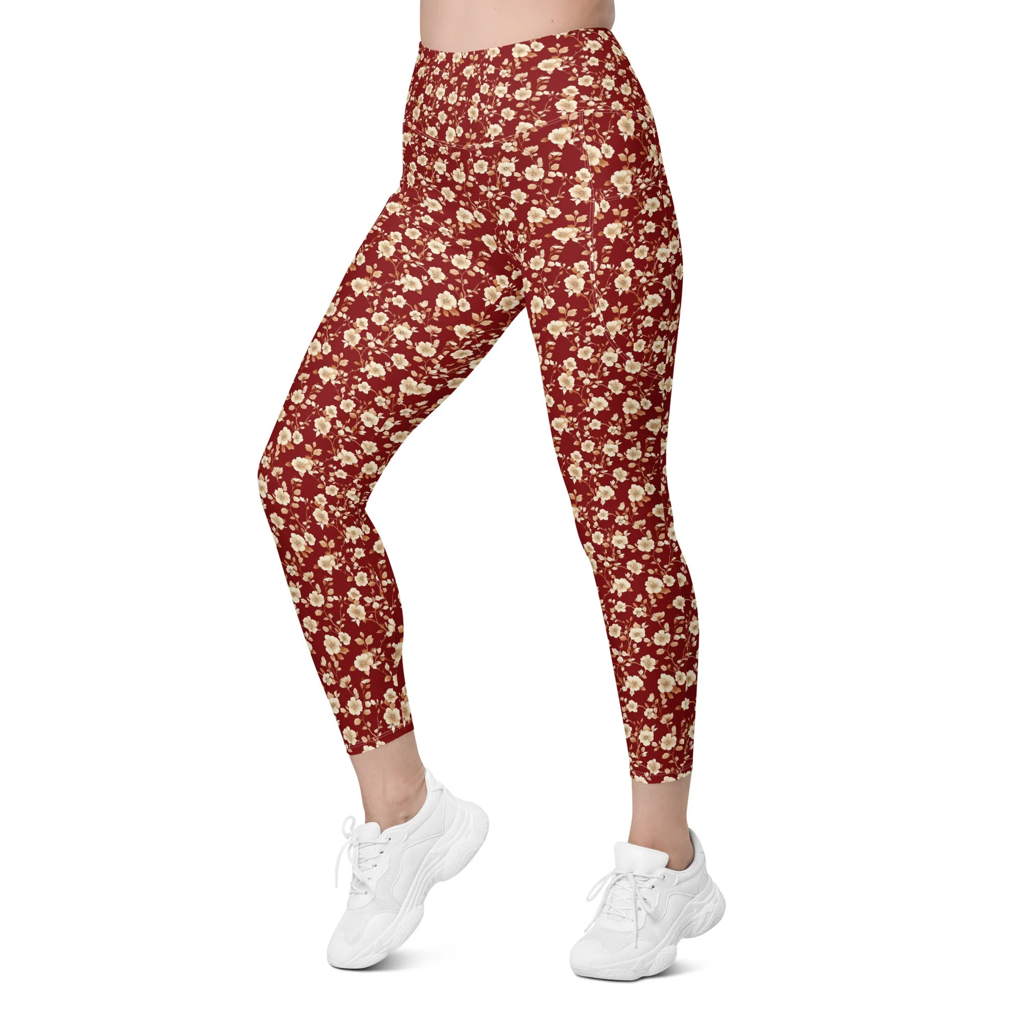 Red Floral Women Leggings Side Pockets, Flowers Printed High Waisted Yoga Pants Graphic Workout Running Gym Designer Plus Size Tightsr Plus Size Tights