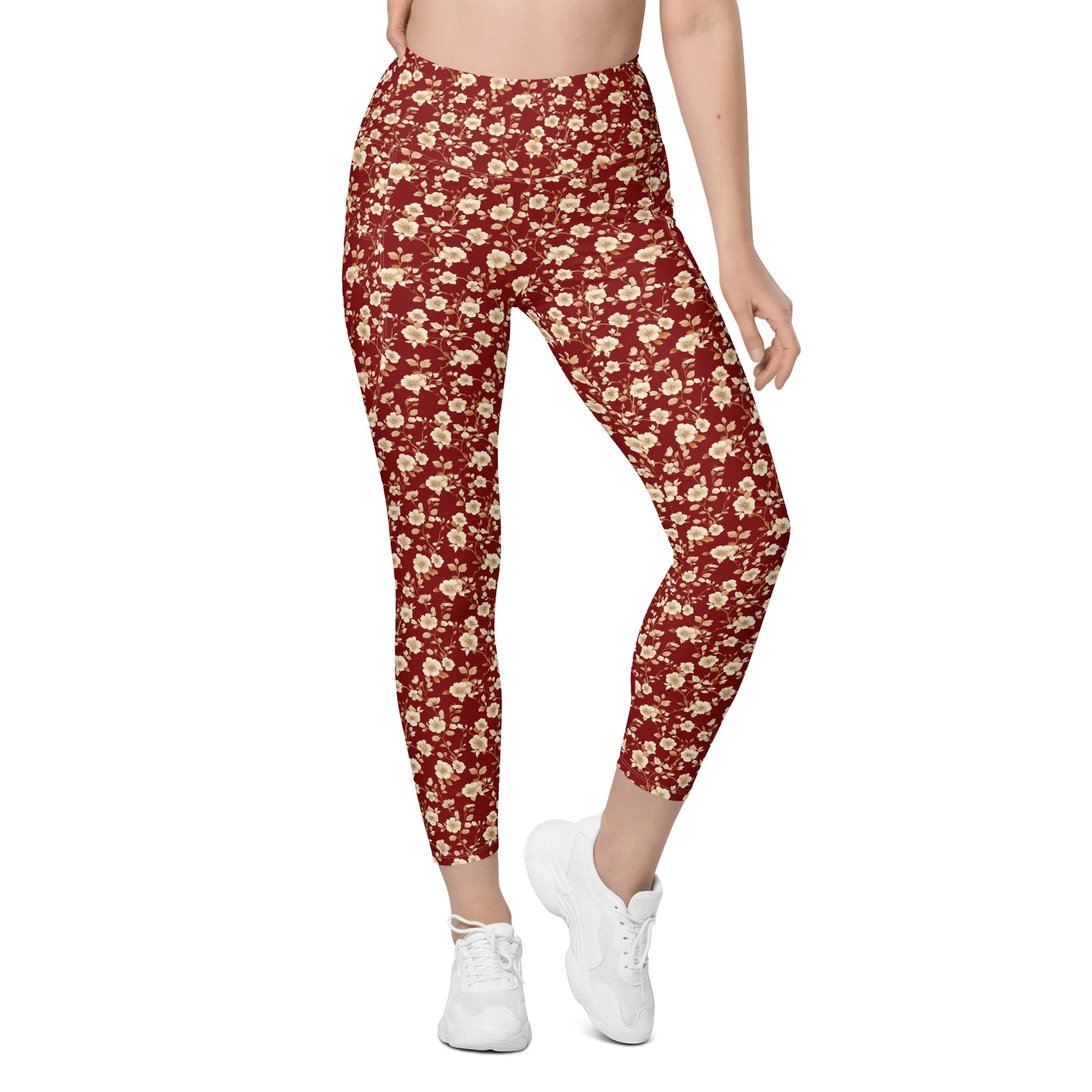 Red Floral Women Leggings Side Pockets, Flowers Printed High Waisted Yoga Pants Graphic Workout Running Gym Designer Plus Size Tightsr Plus Size Tights