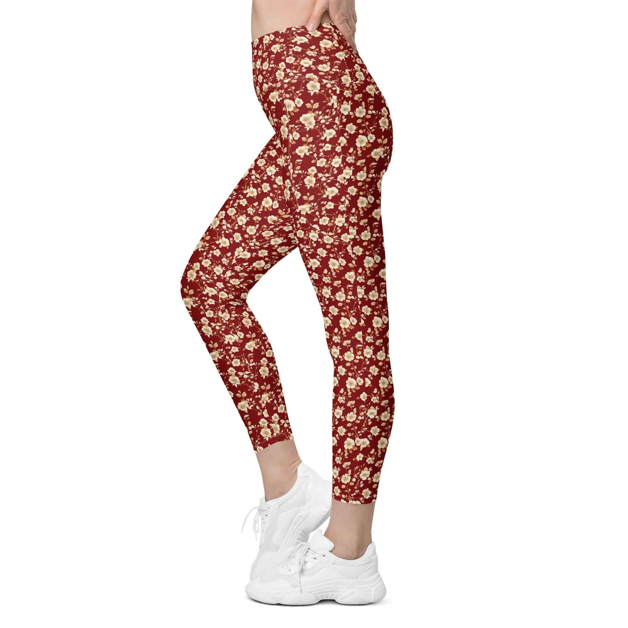 Red Floral Women Leggings Side Pockets, Flowers Printed High Waisted Yoga Pants Graphic Workout Running Gym Designer Plus Size Tightsr Plus Size Tights