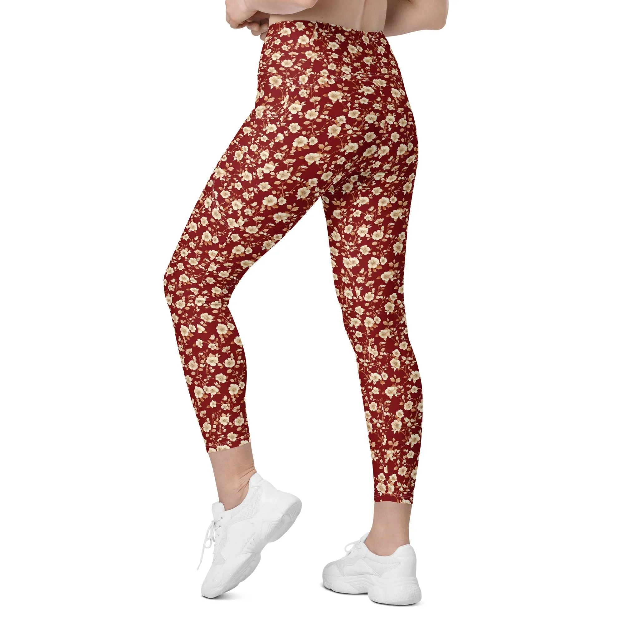 Red Floral Women Leggings Side Pockets, Flowers Printed High Waisted Yoga Pants Graphic Workout Running Gym Designer Plus Size Tightsr Plus Size Tights