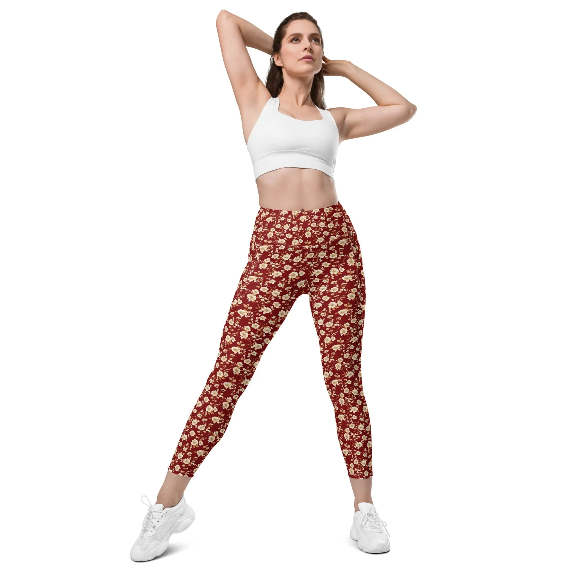 Red Floral Women Leggings Side Pockets, Flowers Printed High Waisted Yoga Pants Graphic Workout Running Gym Designer Plus Size Tightsr Plus Size Tights