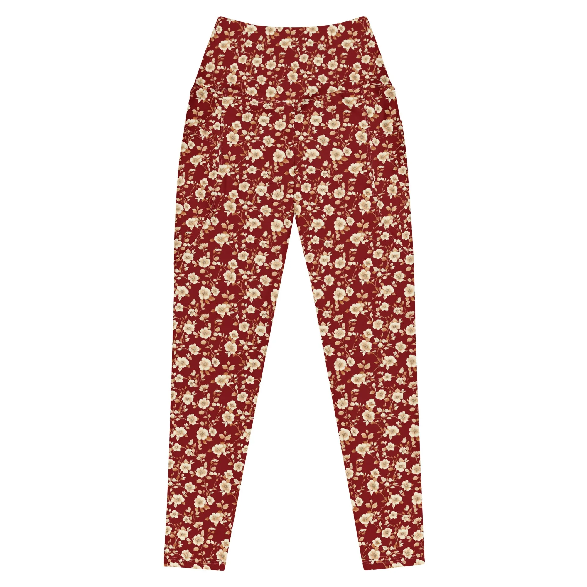 Red Floral Women Leggings Side Pockets, Flowers Printed High Waisted Yoga Pants Graphic Workout Running Gym Designer Plus Size Tightsr Plus Size Tights