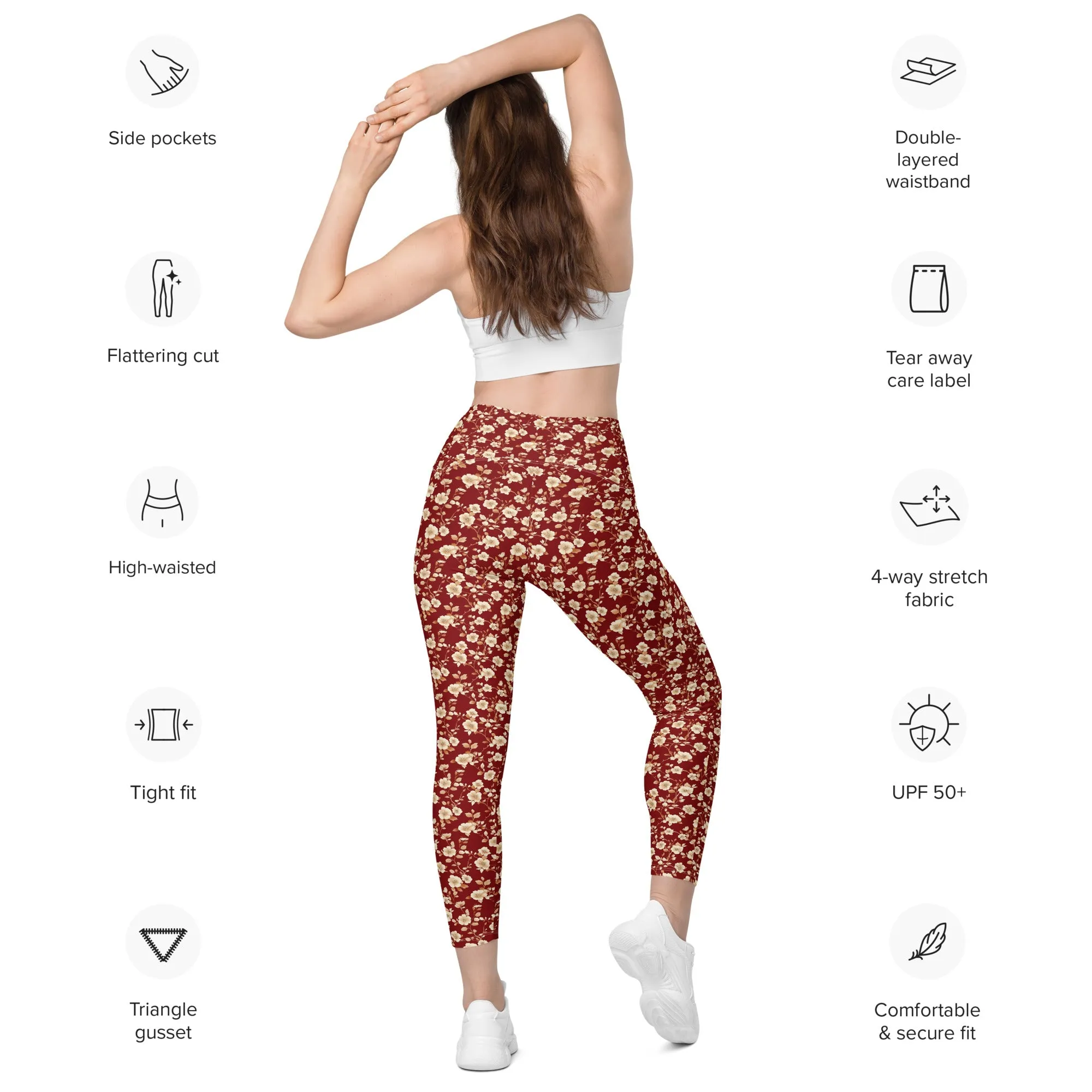 Red Floral Women Leggings Side Pockets, Flowers Printed High Waisted Yoga Pants Graphic Workout Running Gym Designer Plus Size Tightsr Plus Size Tights