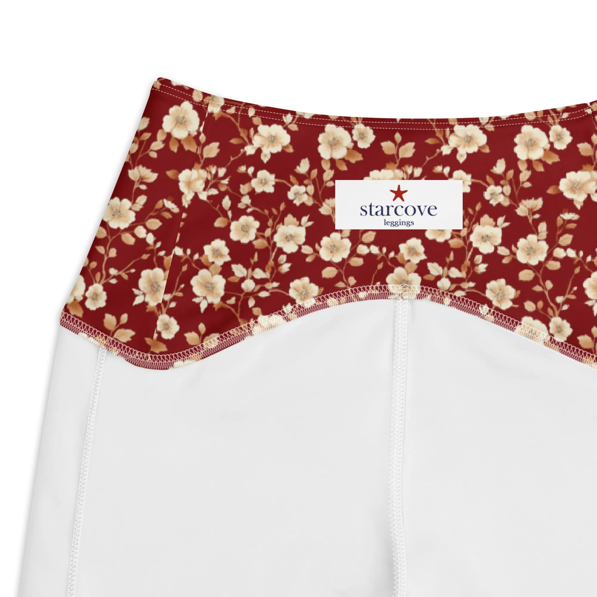 Red Floral Women Leggings Side Pockets, Flowers Printed High Waisted Yoga Pants Graphic Workout Running Gym Designer Plus Size Tightsr Plus Size Tights