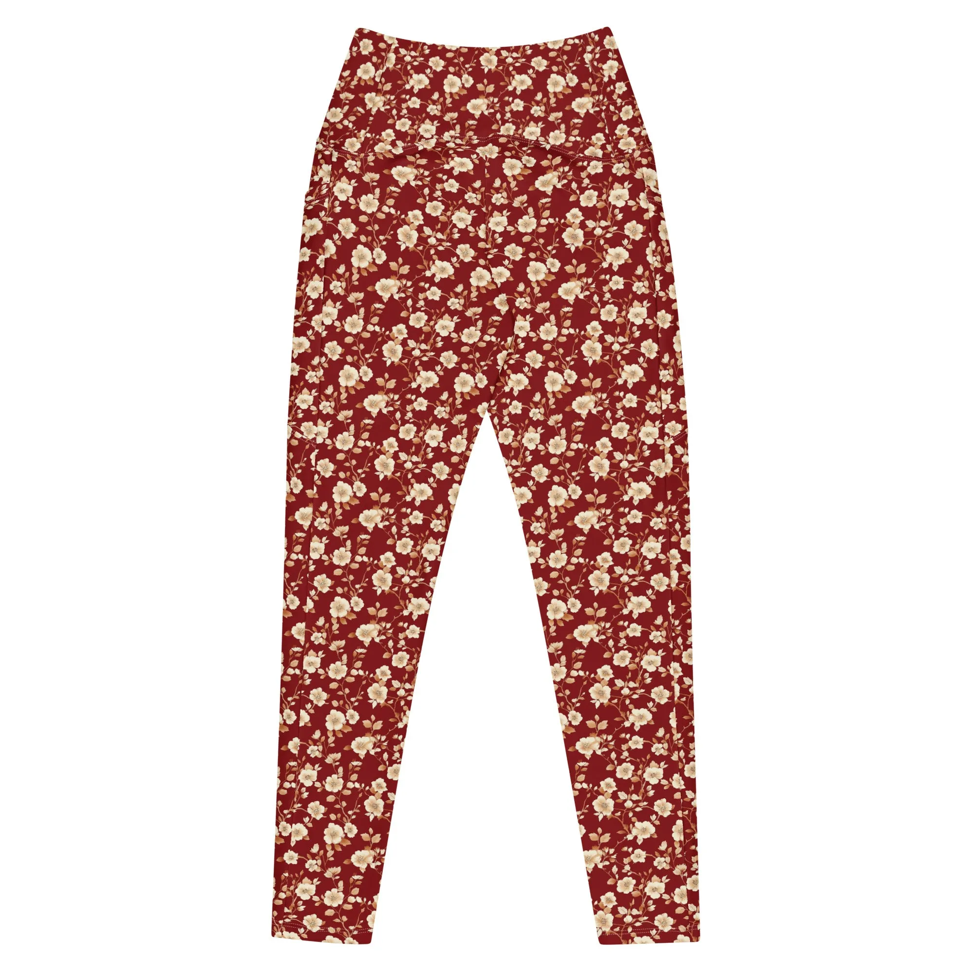 Red Floral Women Leggings Side Pockets, Flowers Printed High Waisted Yoga Pants Graphic Workout Running Gym Designer Plus Size Tightsr Plus Size Tights