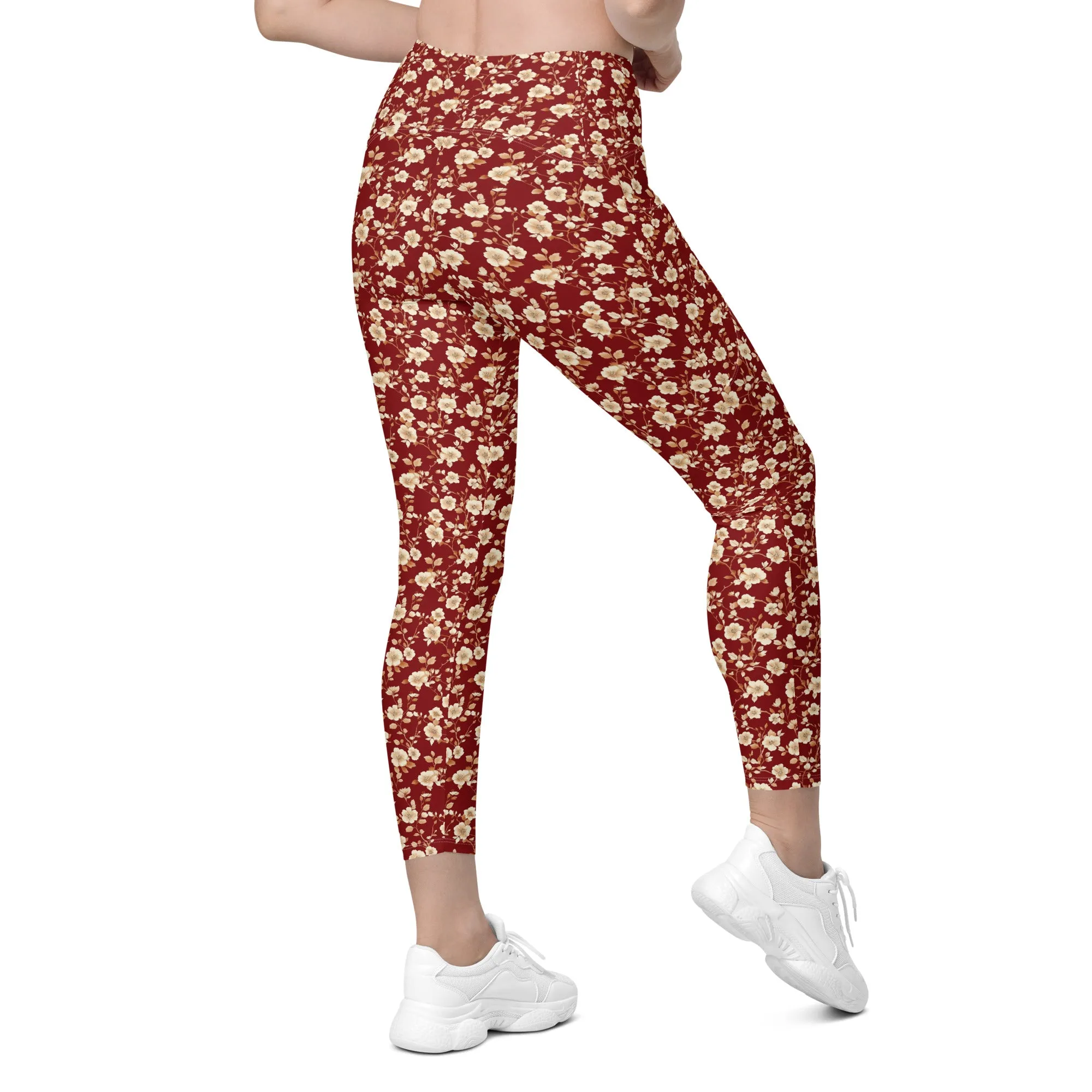 Red Floral Women Leggings Side Pockets, Flowers Printed High Waisted Yoga Pants Graphic Workout Running Gym Designer Plus Size Tightsr Plus Size Tights