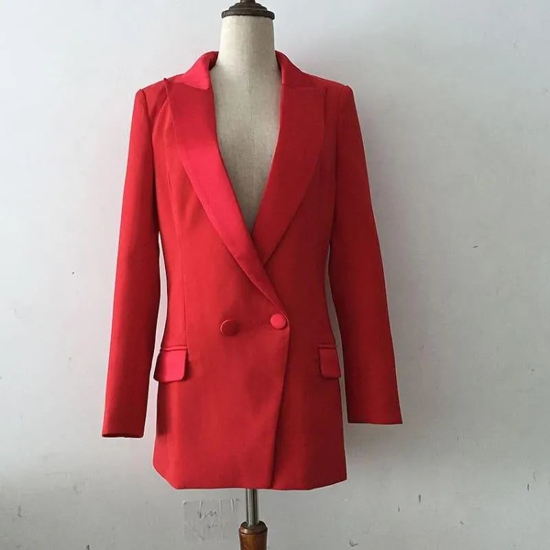 Red Satin Single Breasted Long Blazer Jacket Mini Dress