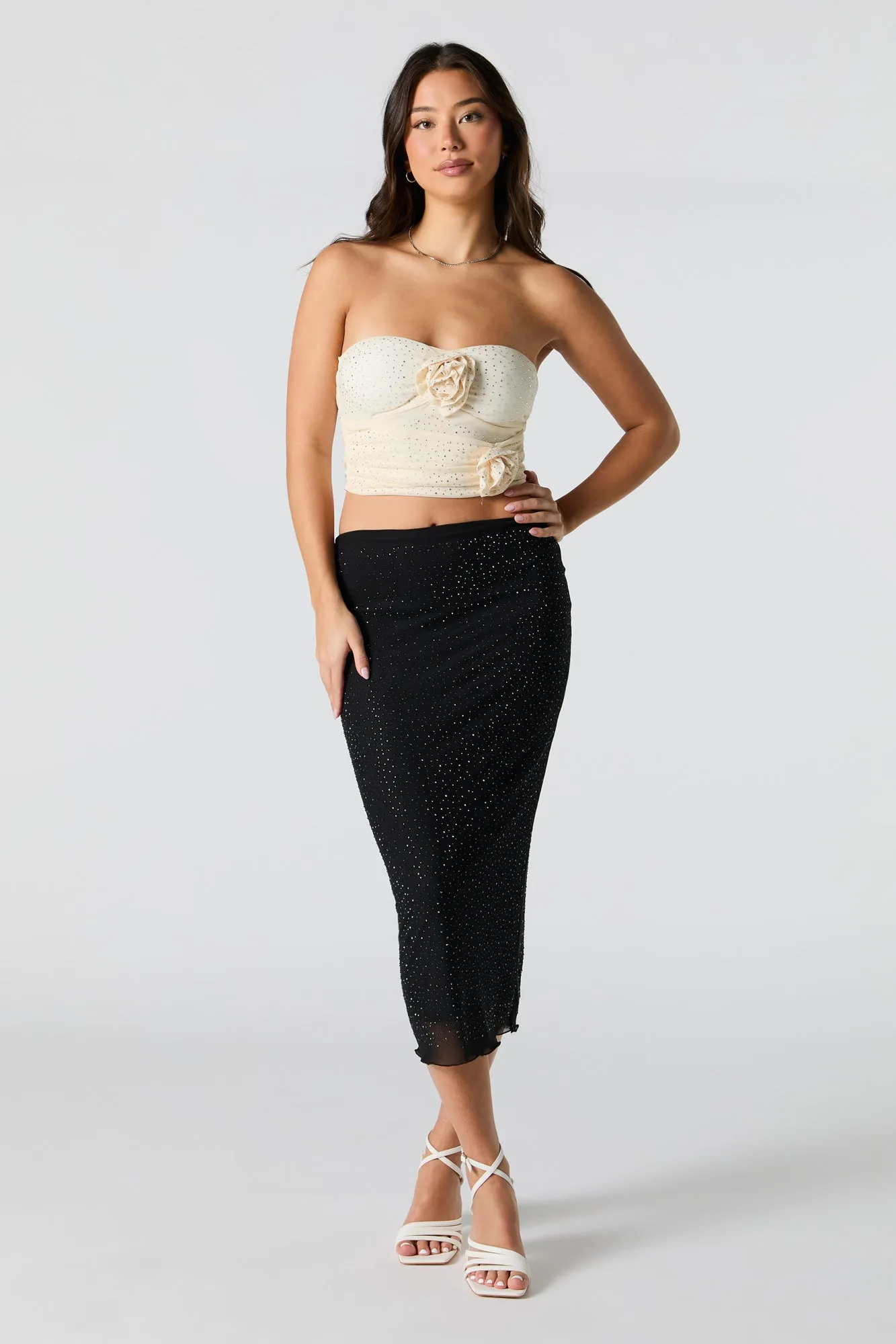 Rhinestone Mesh Rosette Tube Top