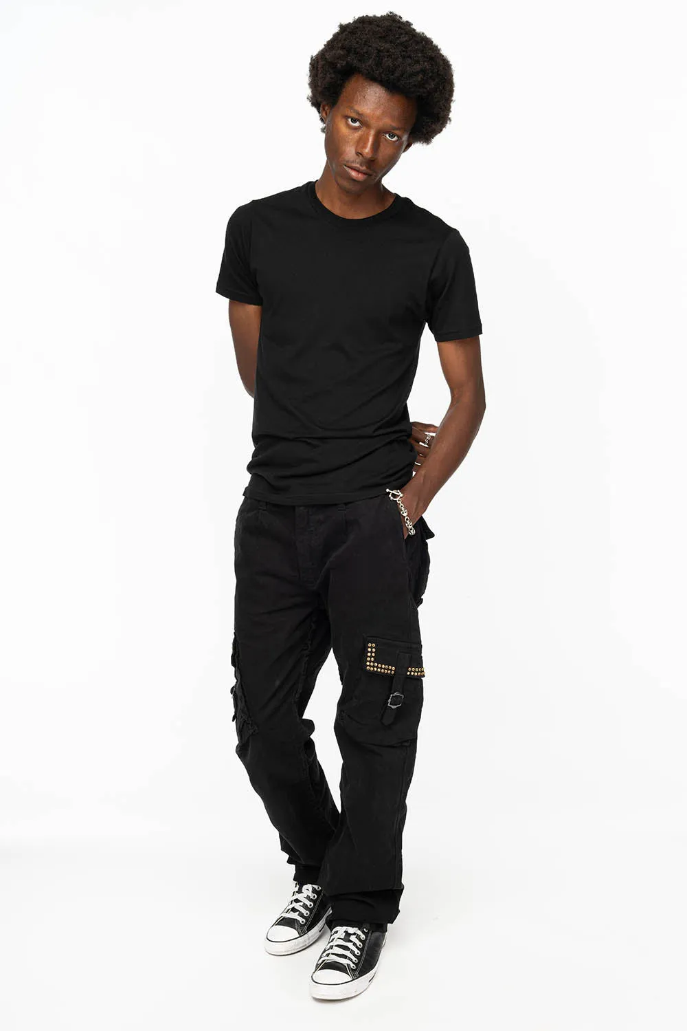 ROBINS NEW MILITARY STYLE CARGO PANTS IN BLACK WITH BLK DIAMOND CRYSTALS