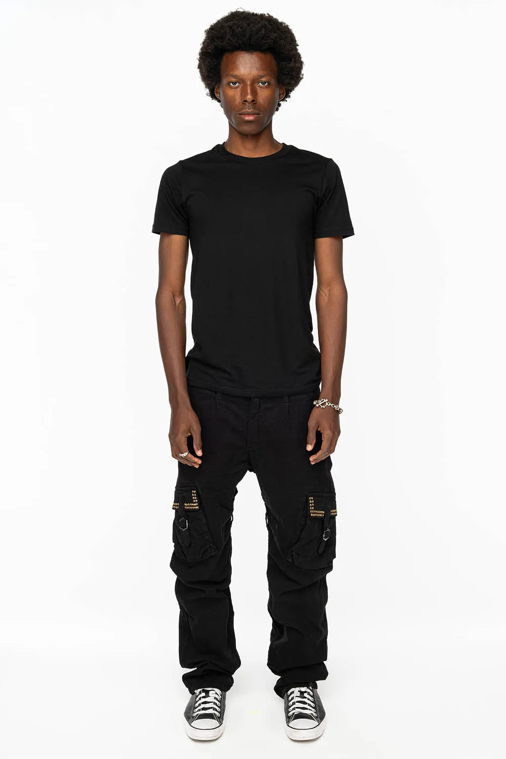 ROBINS NEW MILITARY STYLE CARGO PANTS IN BLACK WITH BLK DIAMOND CRYSTALS