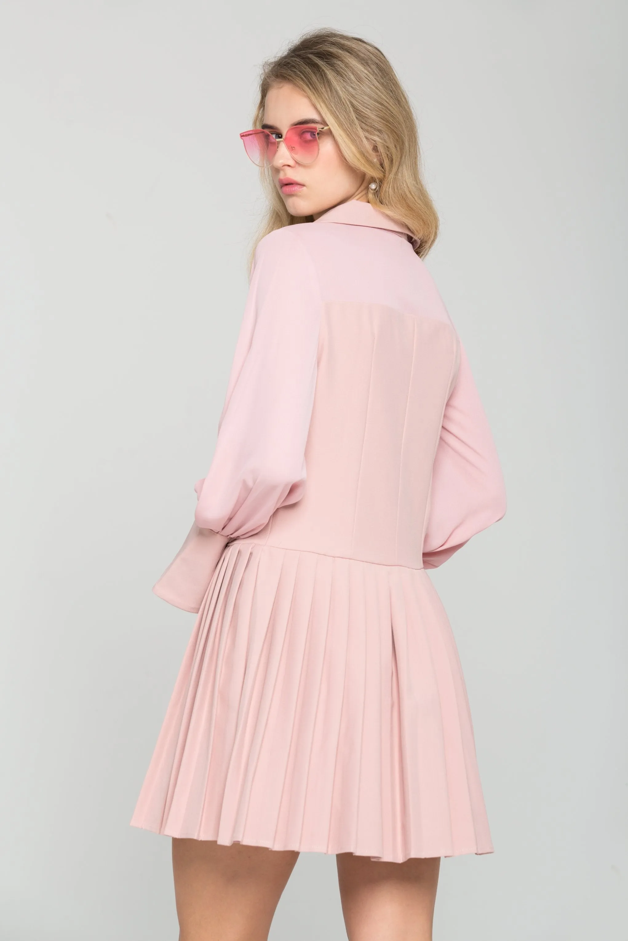 Rose Pink Sleeves Pleated Blazer Dress