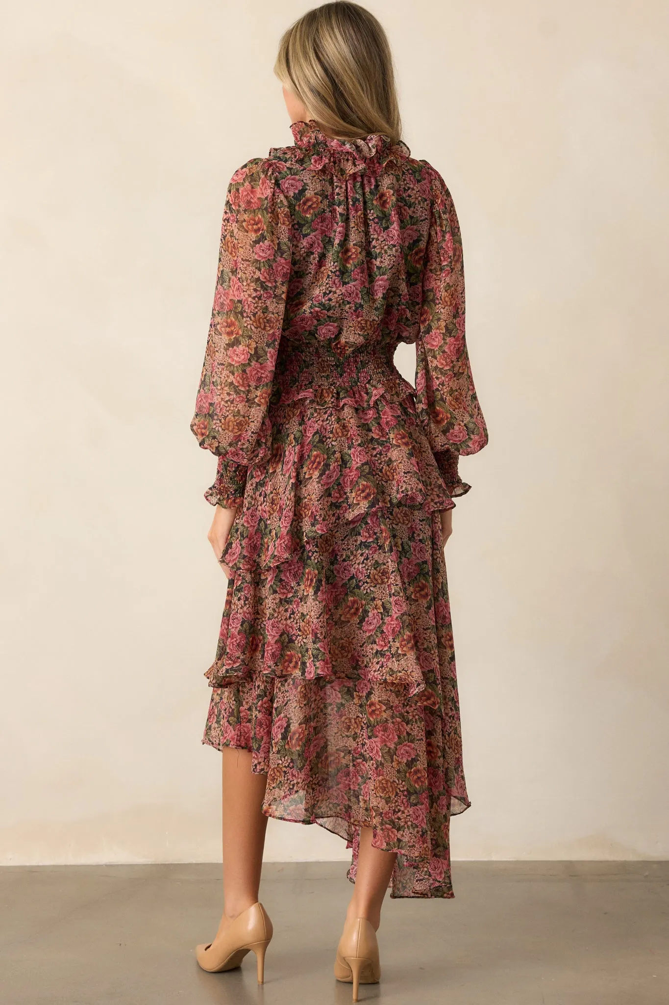 Roses Of Love Black Multi Floral Long Sleeve Ruffle Midi Dress