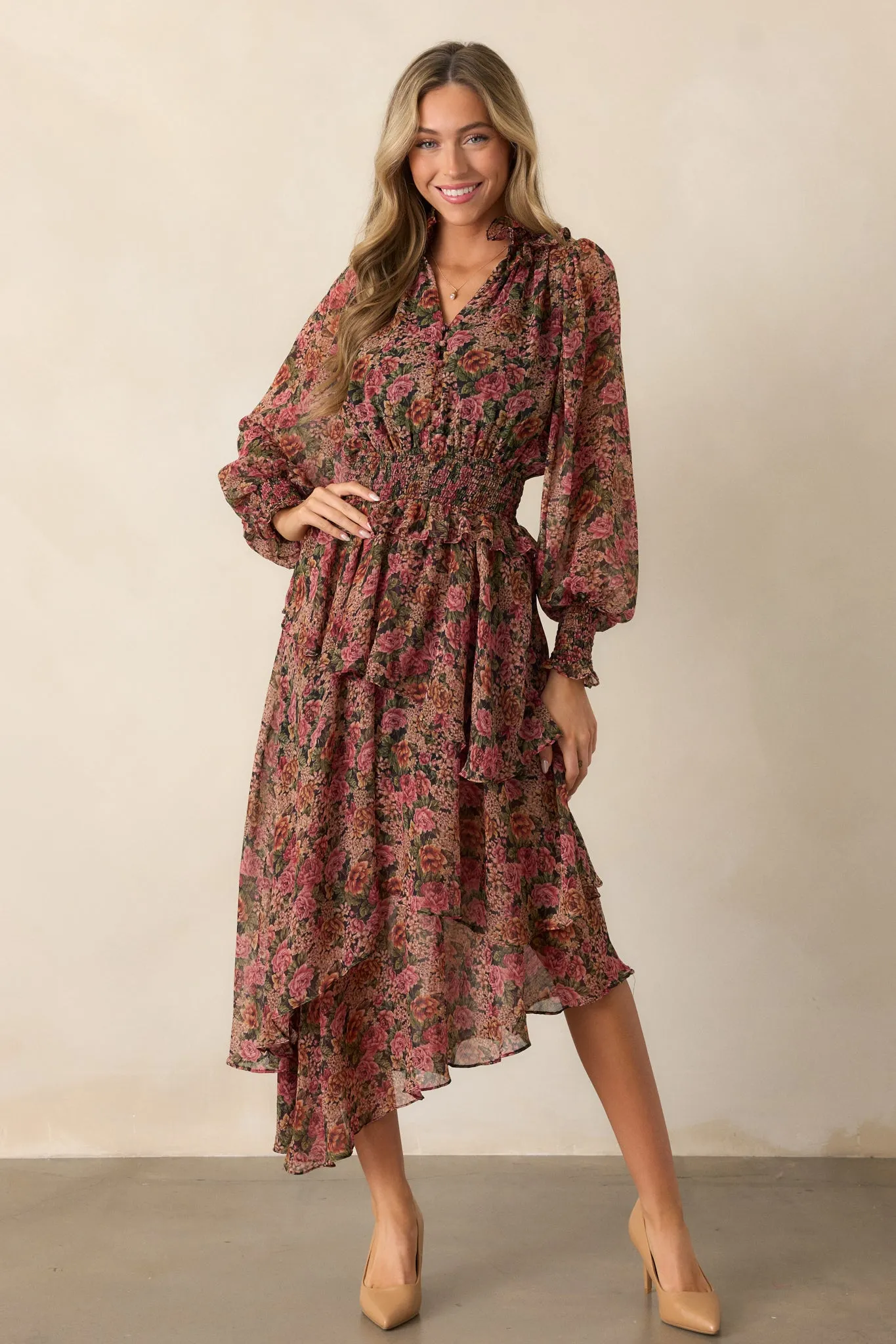 Roses Of Love Black Multi Floral Long Sleeve Ruffle Midi Dress