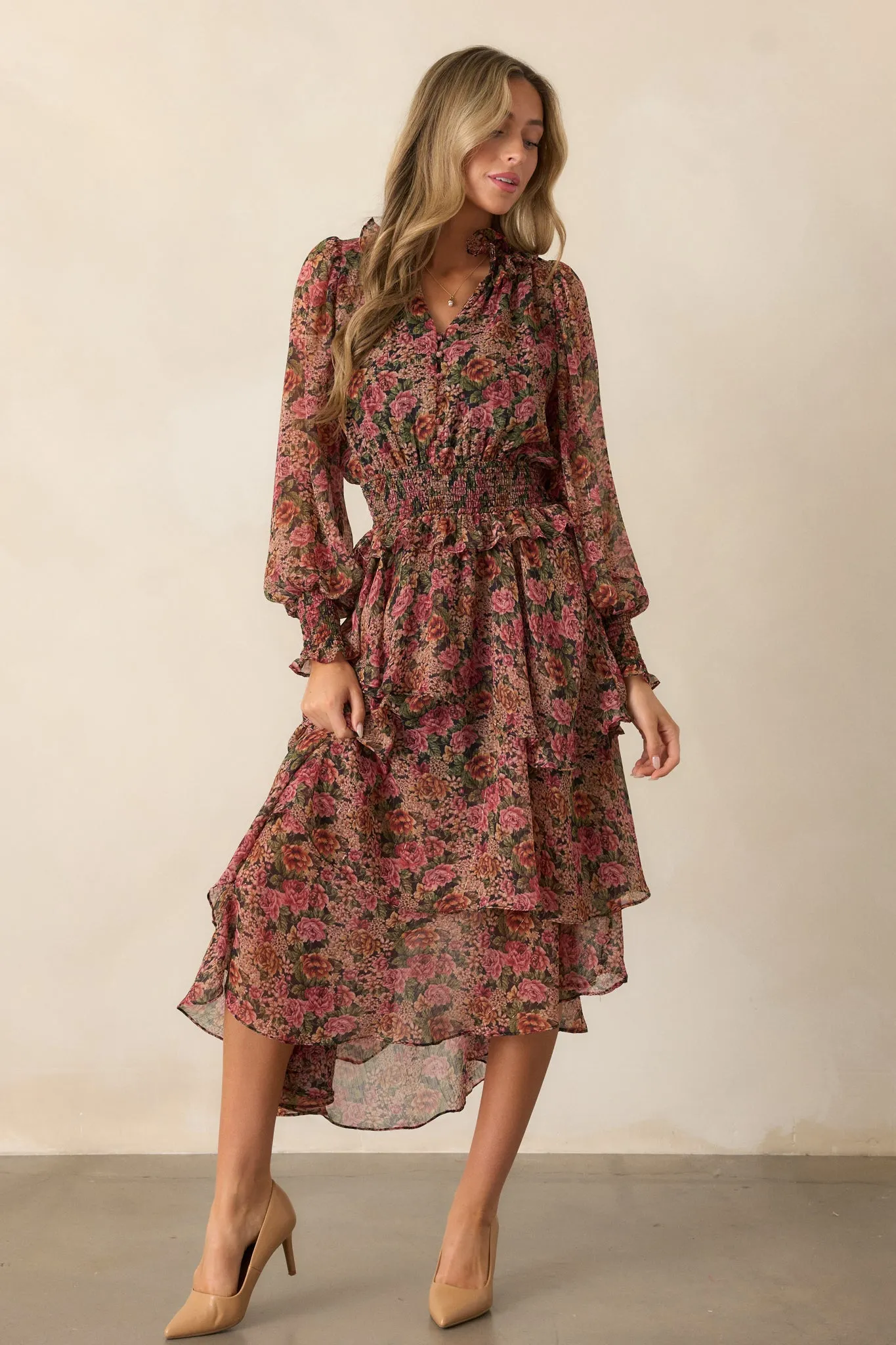Roses Of Love Black Multi Floral Long Sleeve Ruffle Midi Dress