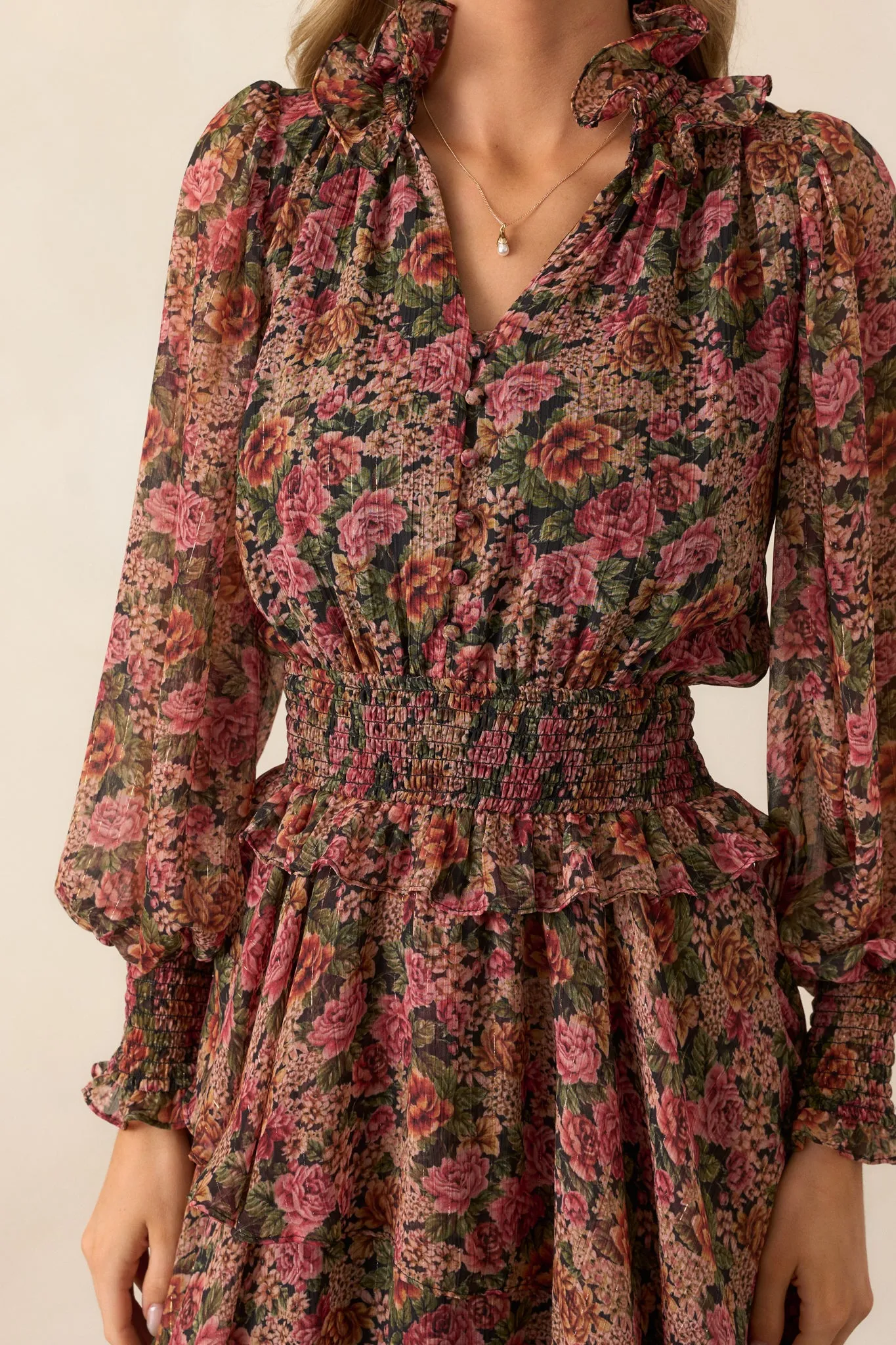 Roses Of Love Black Multi Floral Long Sleeve Ruffle Midi Dress
