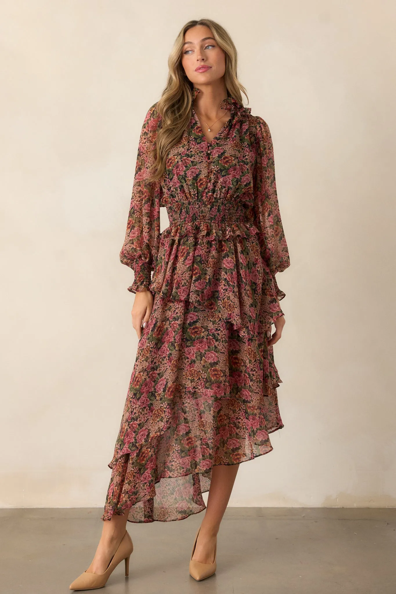Roses Of Love Black Multi Floral Long Sleeve Ruffle Midi Dress