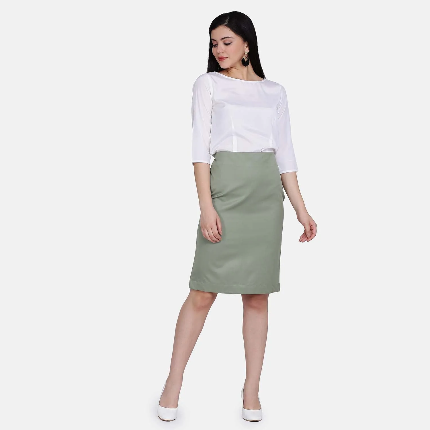 Sage Green Ladies Poly Cotton Straight Skirt
