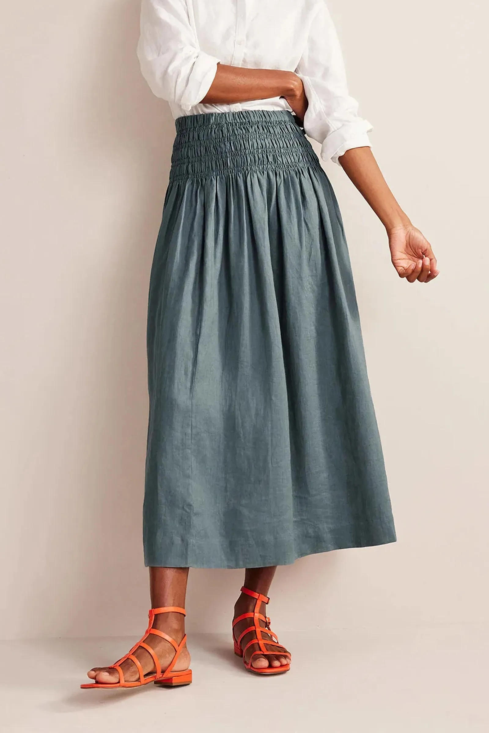 Shirred Waist Linen Midi Skirt