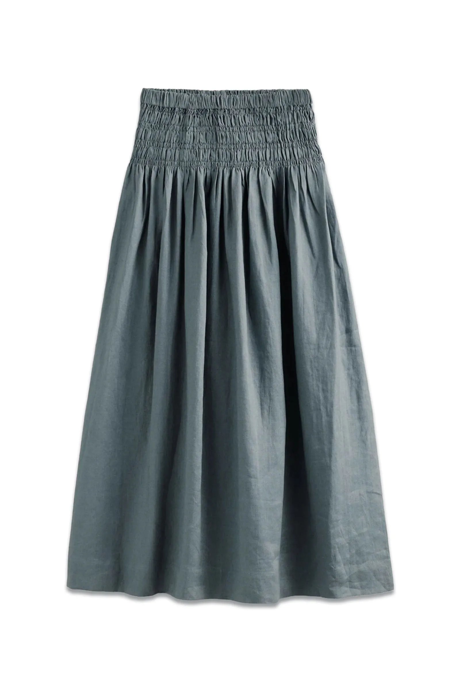 Shirred Waist Linen Midi Skirt