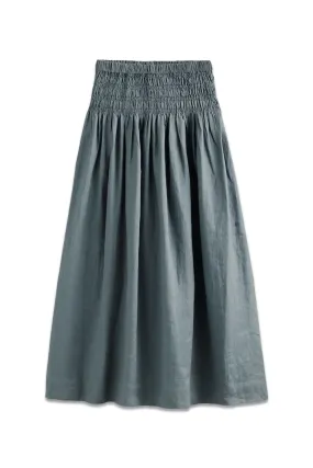 Shirred Waist Linen Midi Skirt