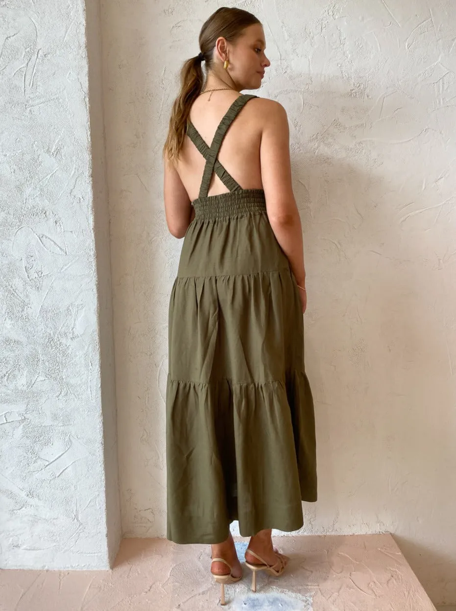 Shona Joy Juliana Plunged Cross Back Midi Dress in Forest