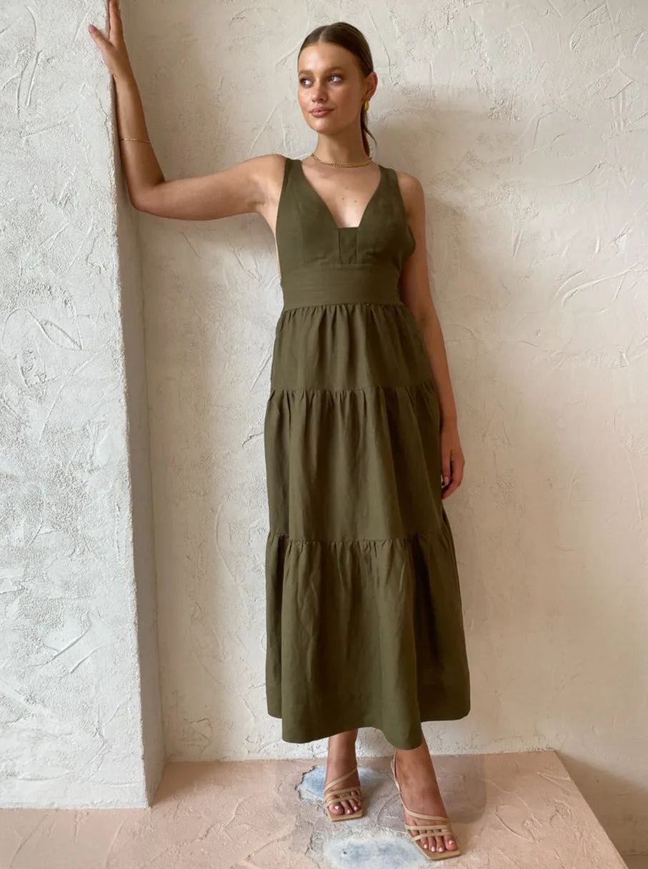 Shona Joy Juliana Plunged Cross Back Midi Dress in Forest