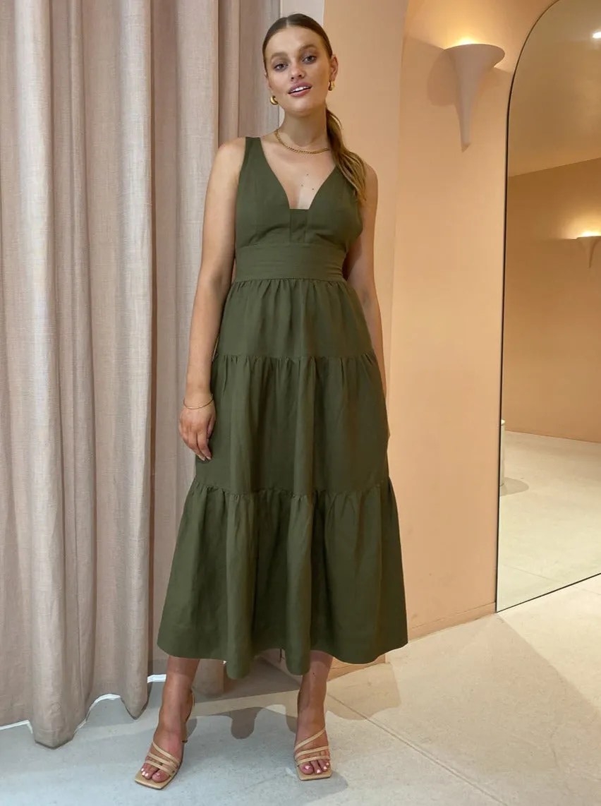 Shona Joy Juliana Plunged Cross Back Midi Dress in Forest