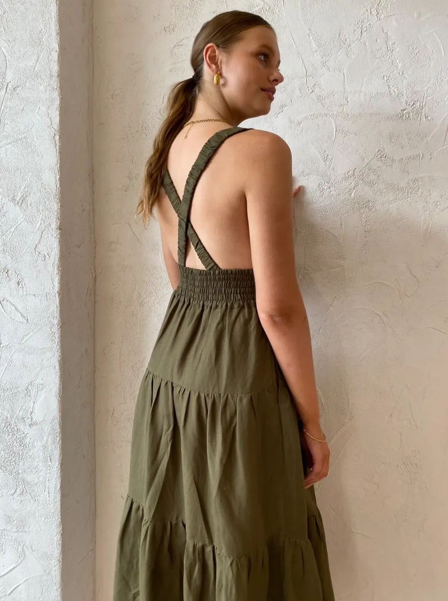 Shona Joy Juliana Plunged Cross Back Midi Dress in Forest
