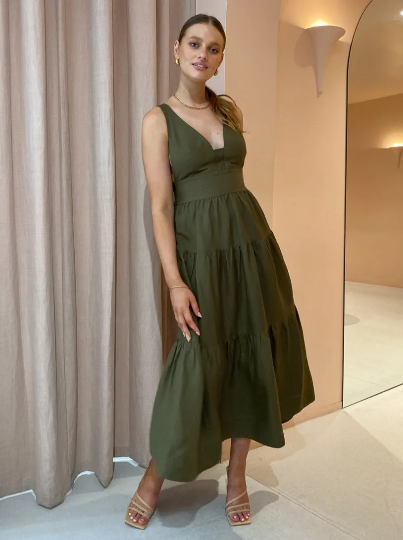 Shona Joy Juliana Plunged Cross Back Midi Dress in Forest