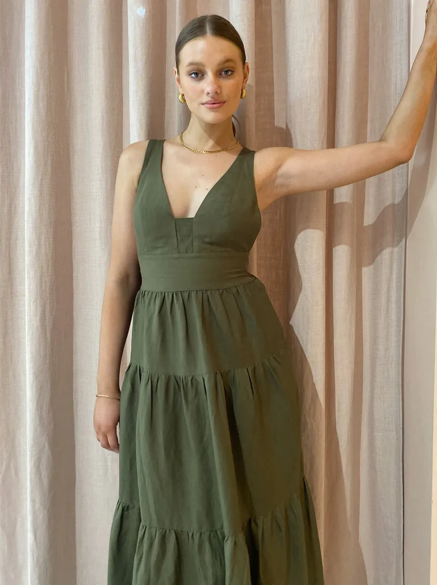 Shona Joy Juliana Plunged Cross Back Midi Dress in Forest