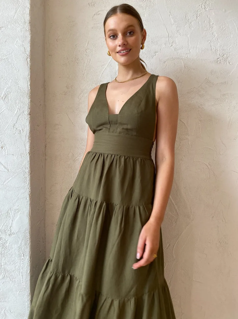 Shona Joy Juliana Plunged Cross Back Midi Dress in Forest