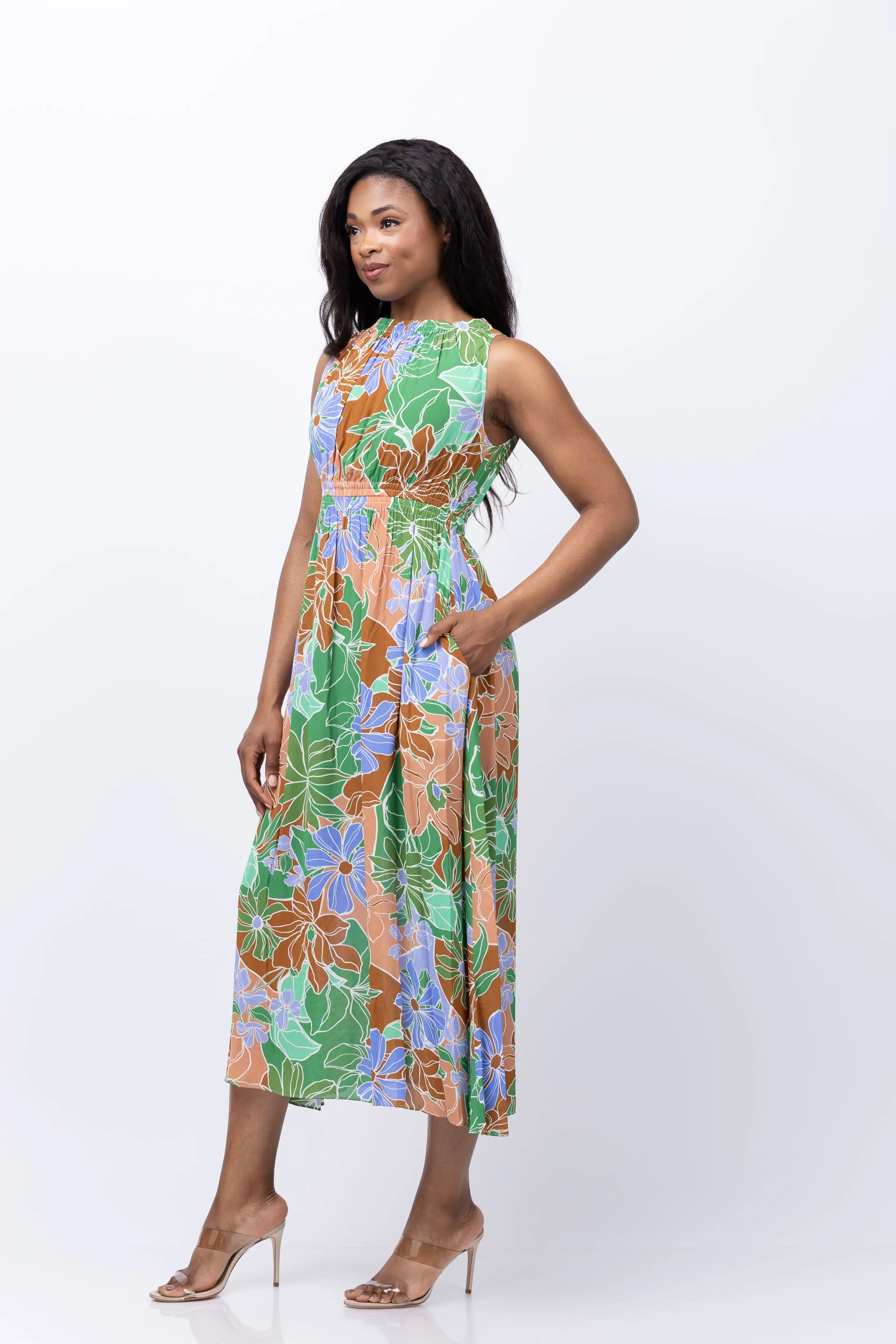 Shoshanna Divina Dress in Ivory/Green/Tan