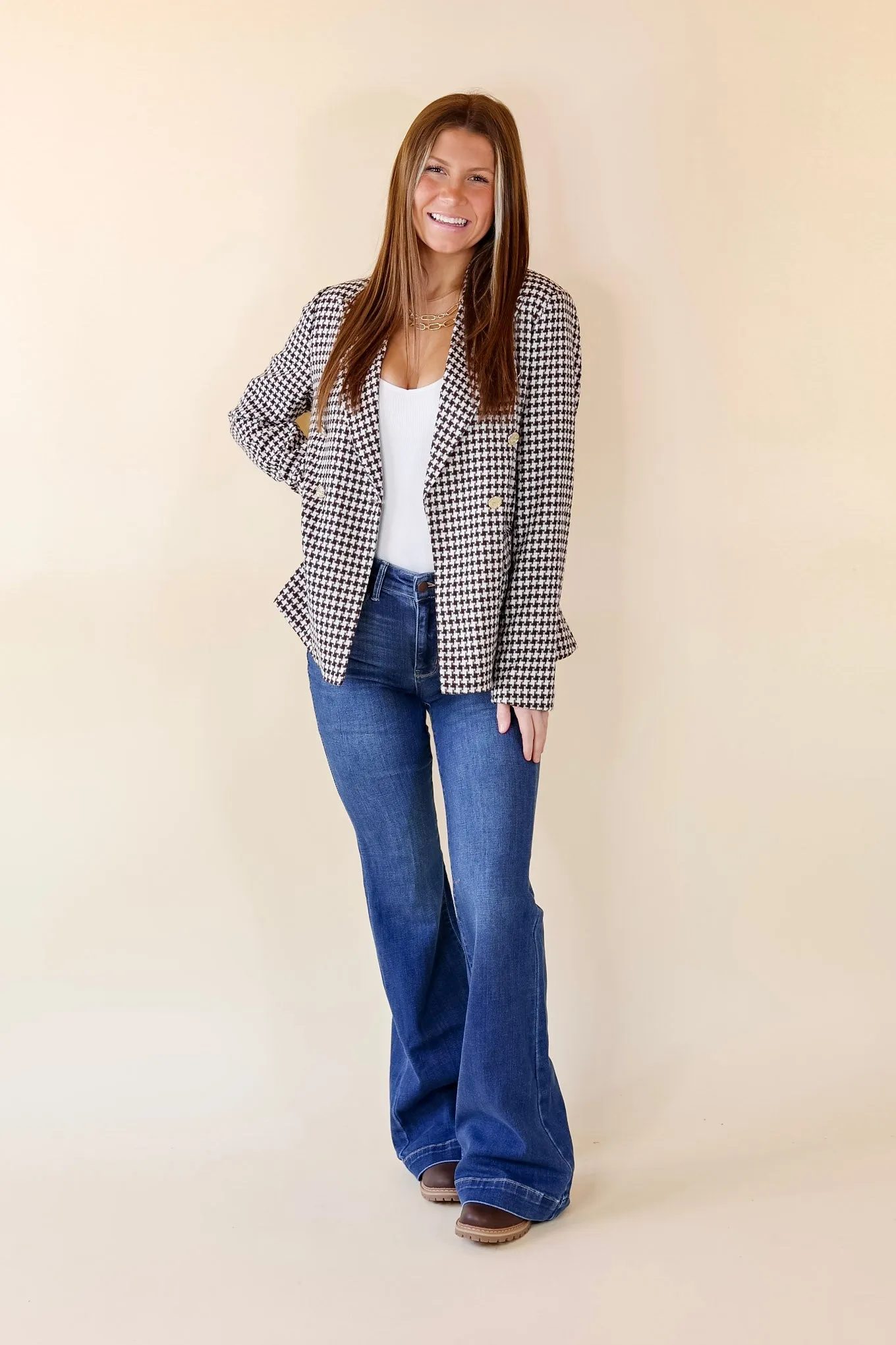 Shot Of Espresso Houndstooth Blazer with Gold Buttons in Brown