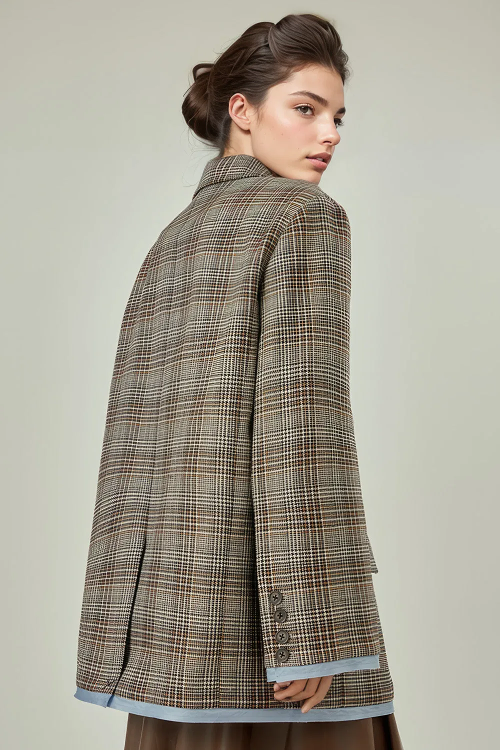 Single Breasted Plaid Blazer - Brown