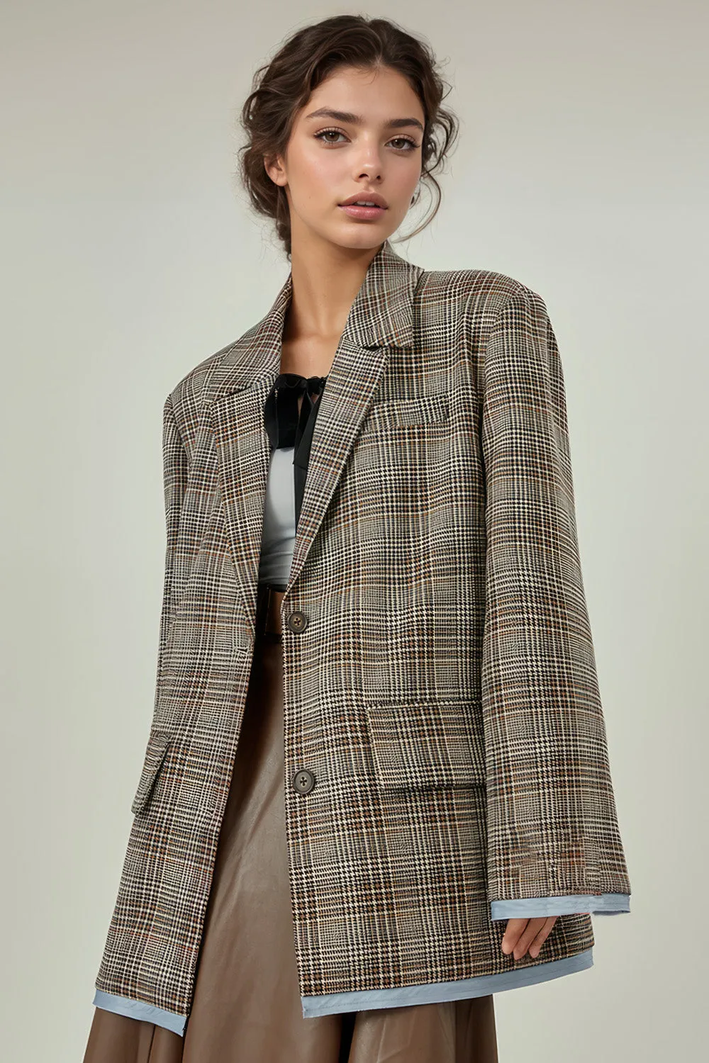 Single Breasted Plaid Blazer - Brown