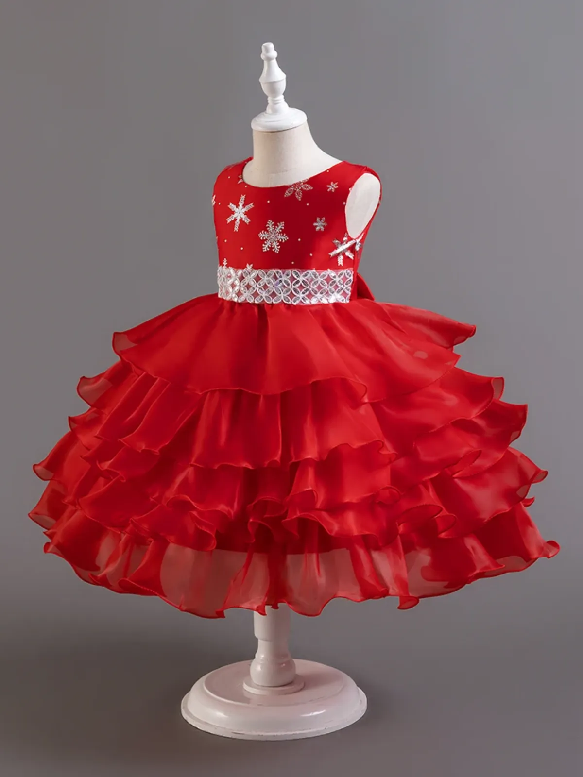 Snowflake Holiday Party Dress with Ruffled Satin Skirt and Beaded Waistline