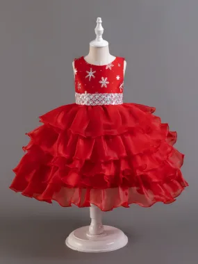 Snowflake Holiday Party Dress with Ruffled Satin Skirt and Beaded Waistline