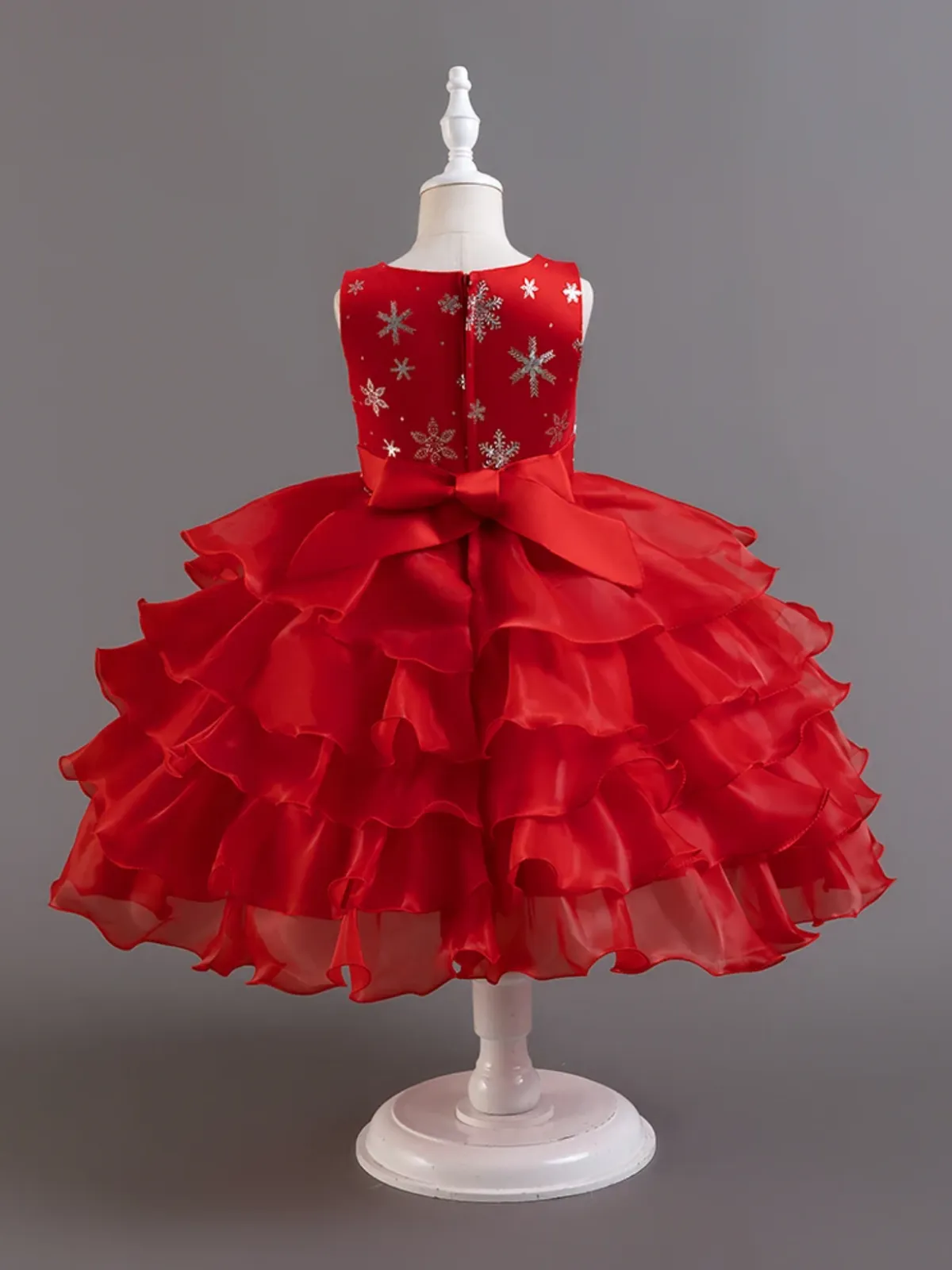 Snowflake Holiday Party Dress with Ruffled Satin Skirt and Beaded Waistline
