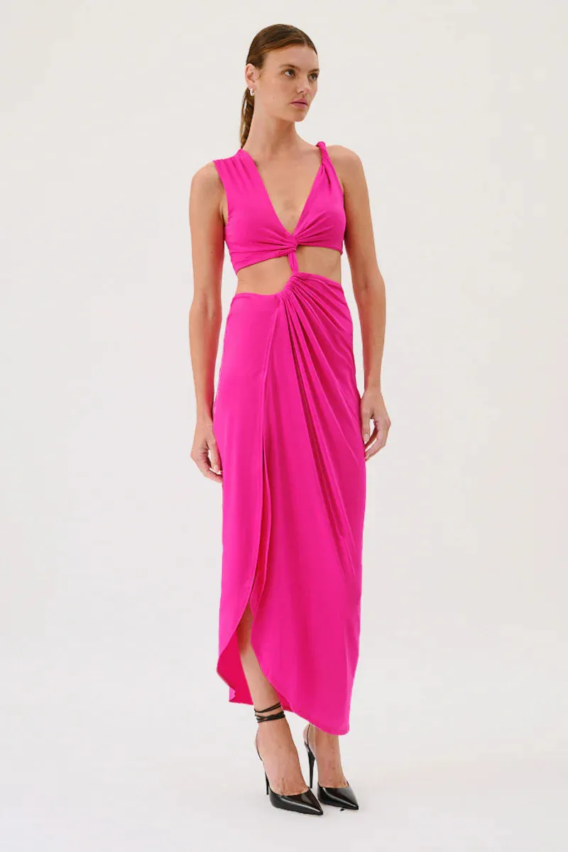 Suboo Garnet Sleeveless Rouched Cross Over Midi Dress - Hyper Pink