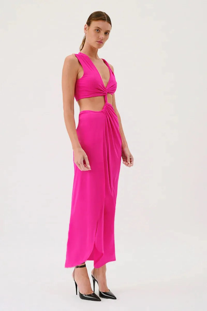 Suboo Garnet Sleeveless Rouched Cross Over Midi Dress - Hyper Pink