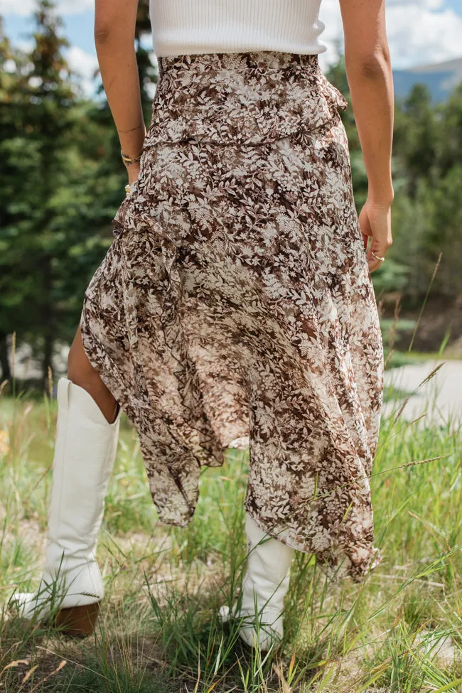 The Way Love Goes Brown Floral Ruffled Detail Midi Skirt FINAL SALE