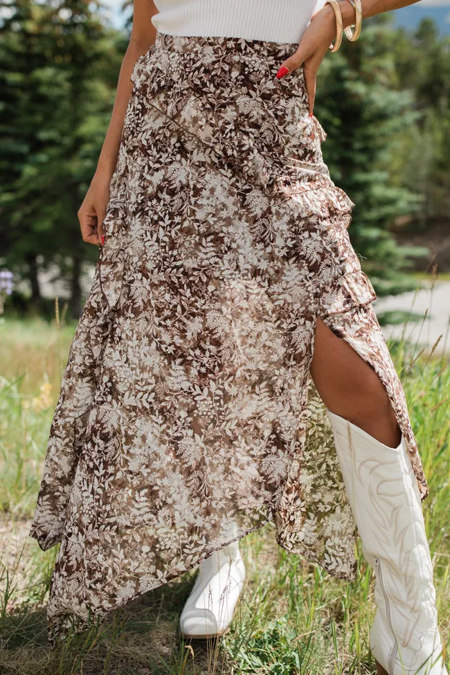 The Way Love Goes Brown Floral Ruffled Detail Midi Skirt FINAL SALE