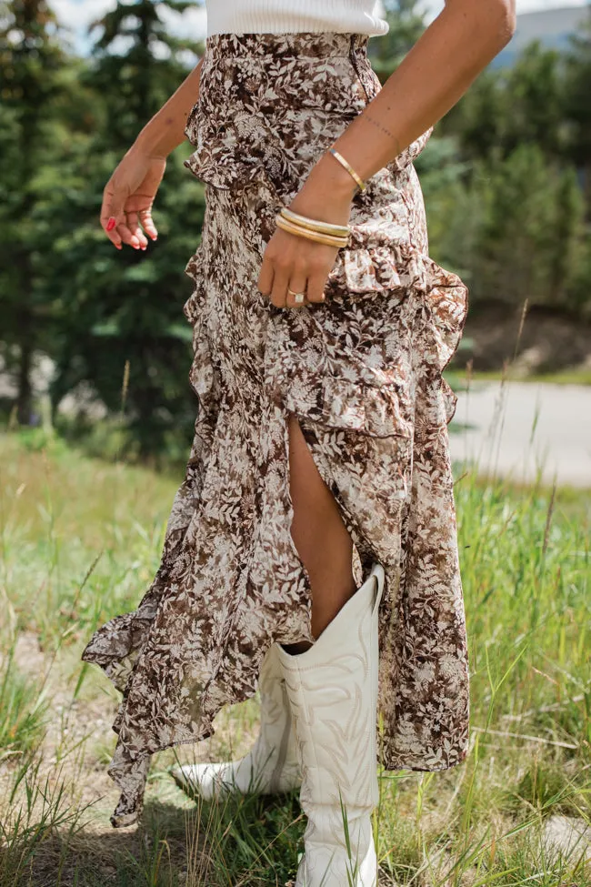 The Way Love Goes Brown Floral Ruffled Detail Midi Skirt FINAL SALE