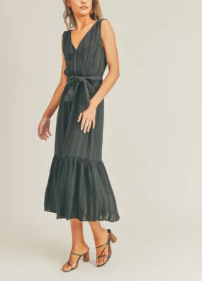 Tie Waist Black Midi Dress
