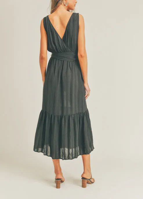 Tie Waist Black Midi Dress