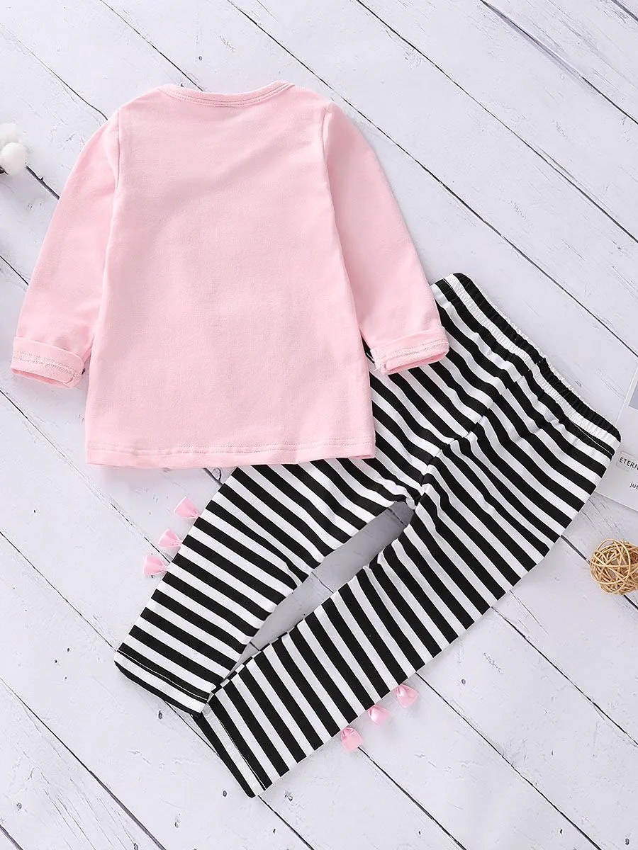Toddler Big Girl 2-piece Outfit Bow Pink T-shirt Black & White Striped Pants