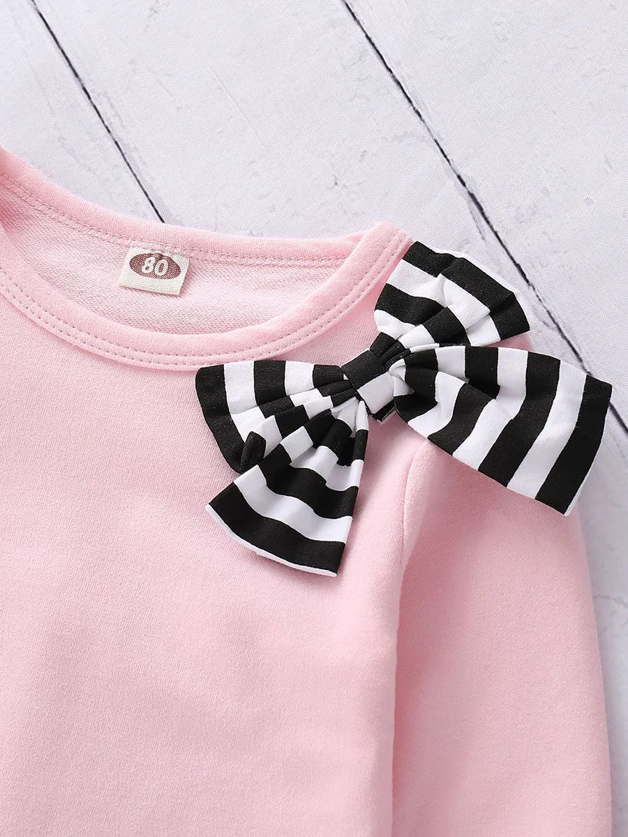 Toddler Big Girl 2-piece Outfit Bow Pink T-shirt Black & White Striped Pants