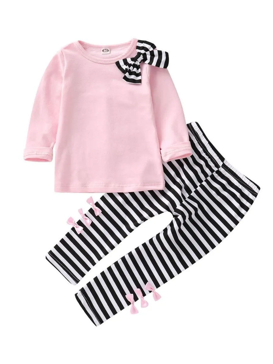 Toddler Big Girl 2-piece Outfit Bow Pink T-shirt Black & White Striped Pants