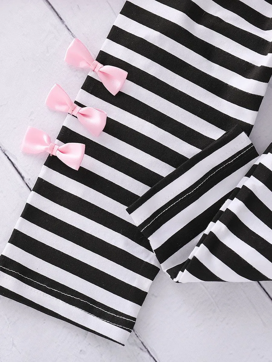 Toddler Big Girl 2-piece Outfit Bow Pink T-shirt Black & White Striped Pants